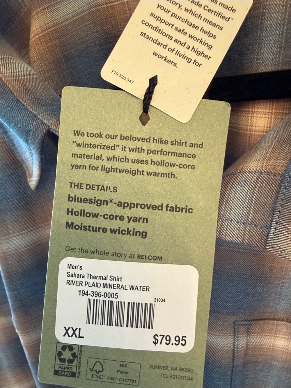 Men's NWT REI Blue Plaid Sahara Thermal Shirt Button-Up Shirt XXL - Picture 7 of 7